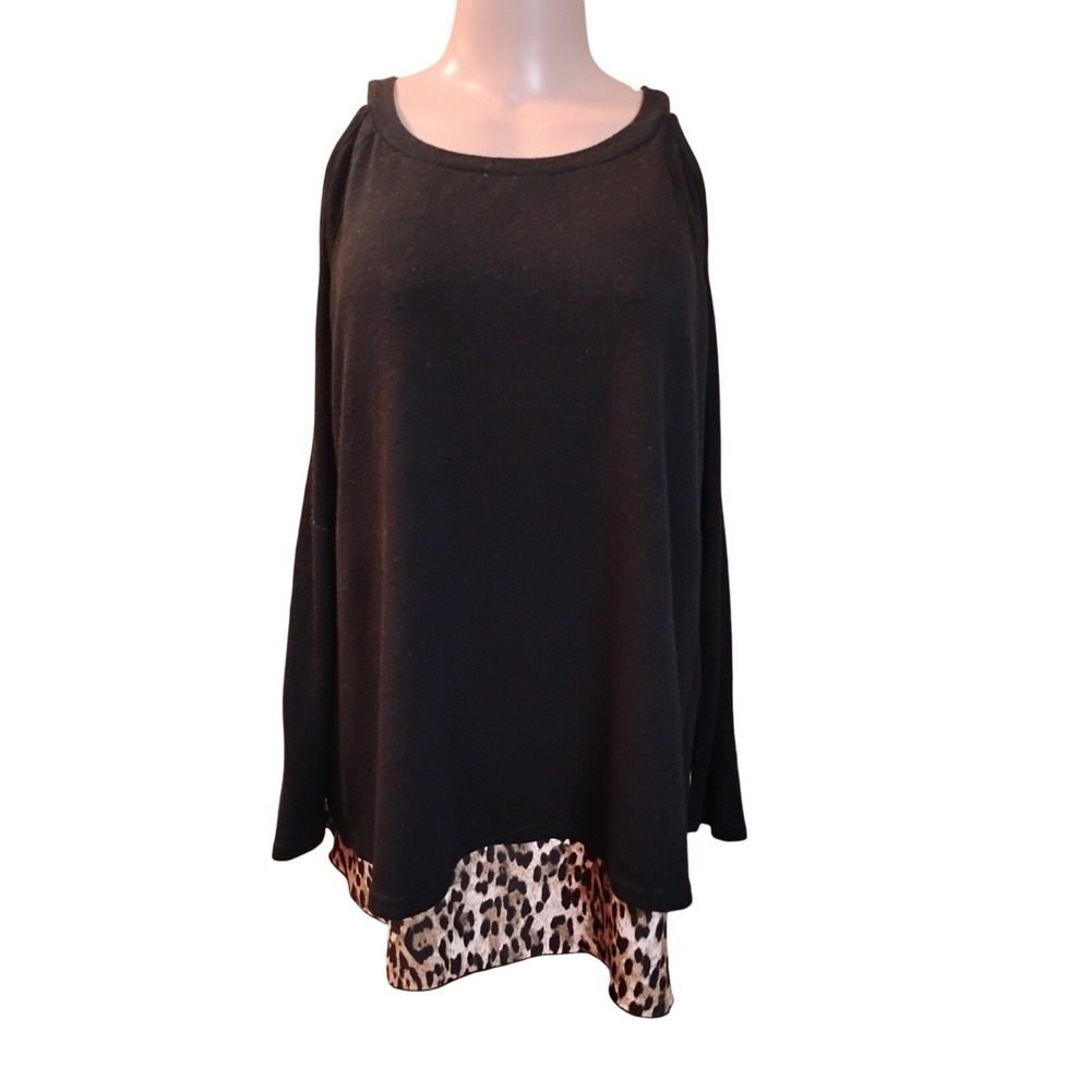Yoins Black Cold Shoulder Top Leopard Print Split Back Long Sleeve Large